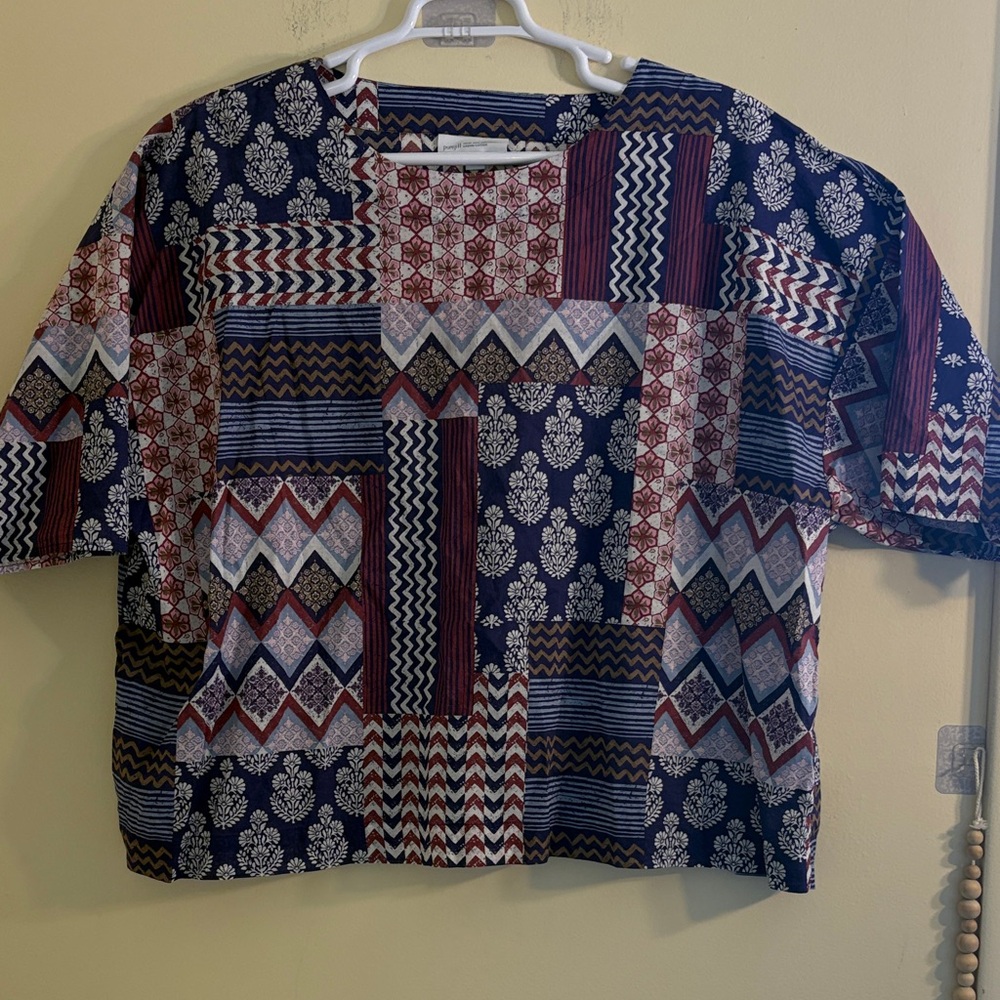 PureJill Womens Patchwork Print Short Sleeve Blouse - Blue/Red Size 2XL